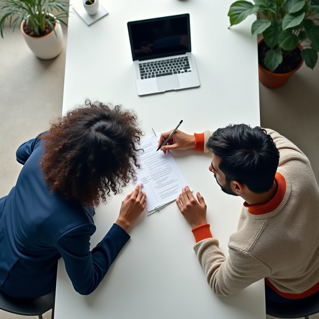 Two colleagues at a bright desk discussing notes on a laptop screen together