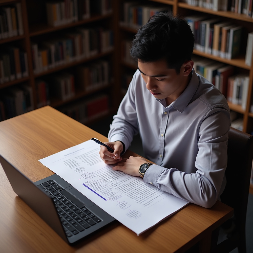 A new employee reading a printed workflow document at a desk on their first day
