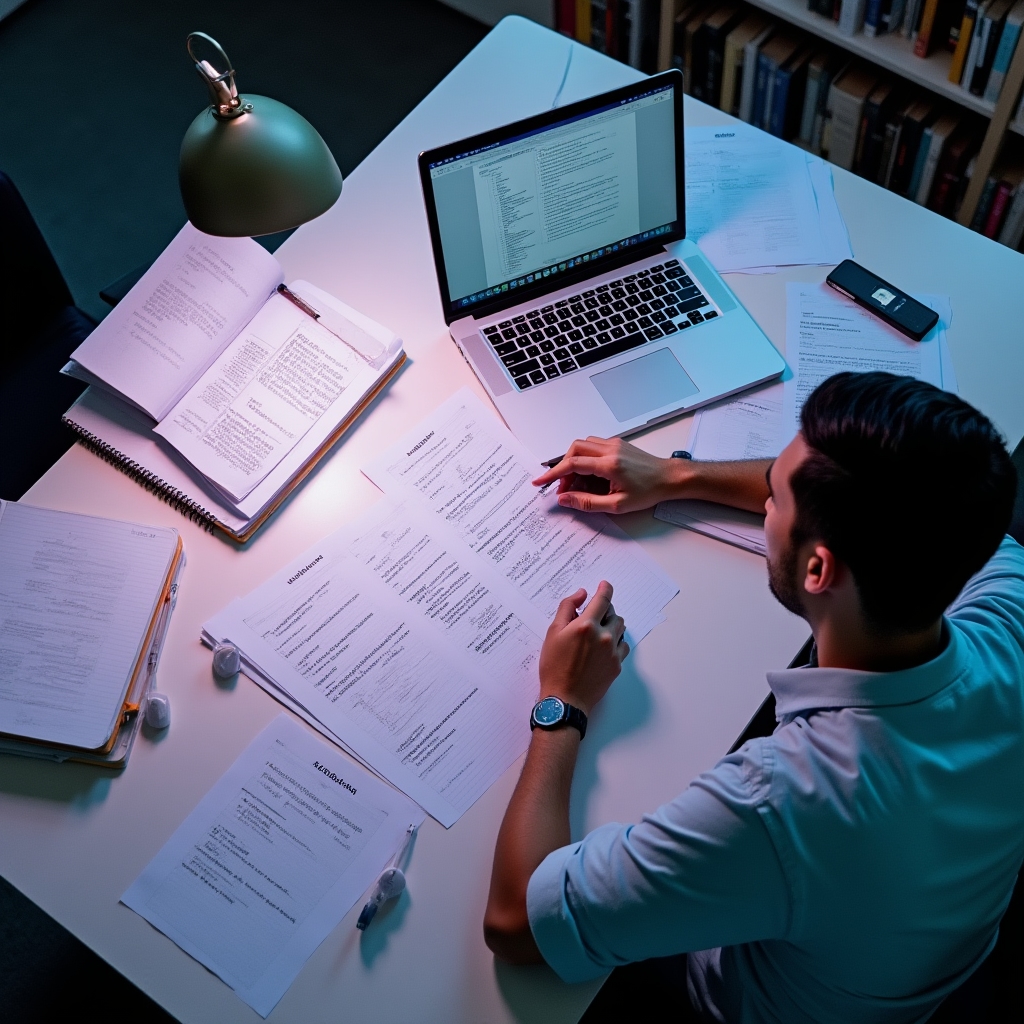 Overhead view of a writing desk with notebooks, a laptop and printed workflow diagrams spread out for review