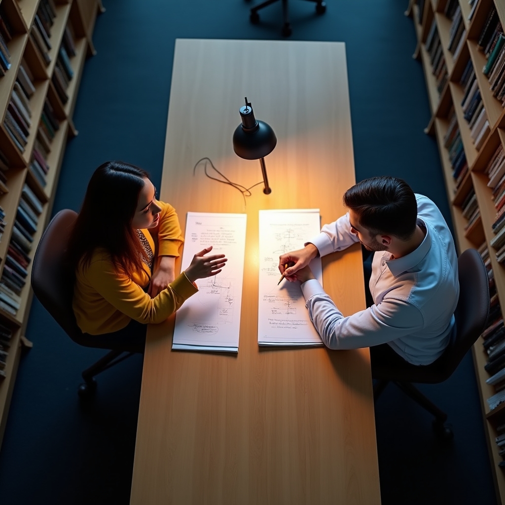 Two colleagues discussing a workflow diagram at a table in a quiet library-style study space