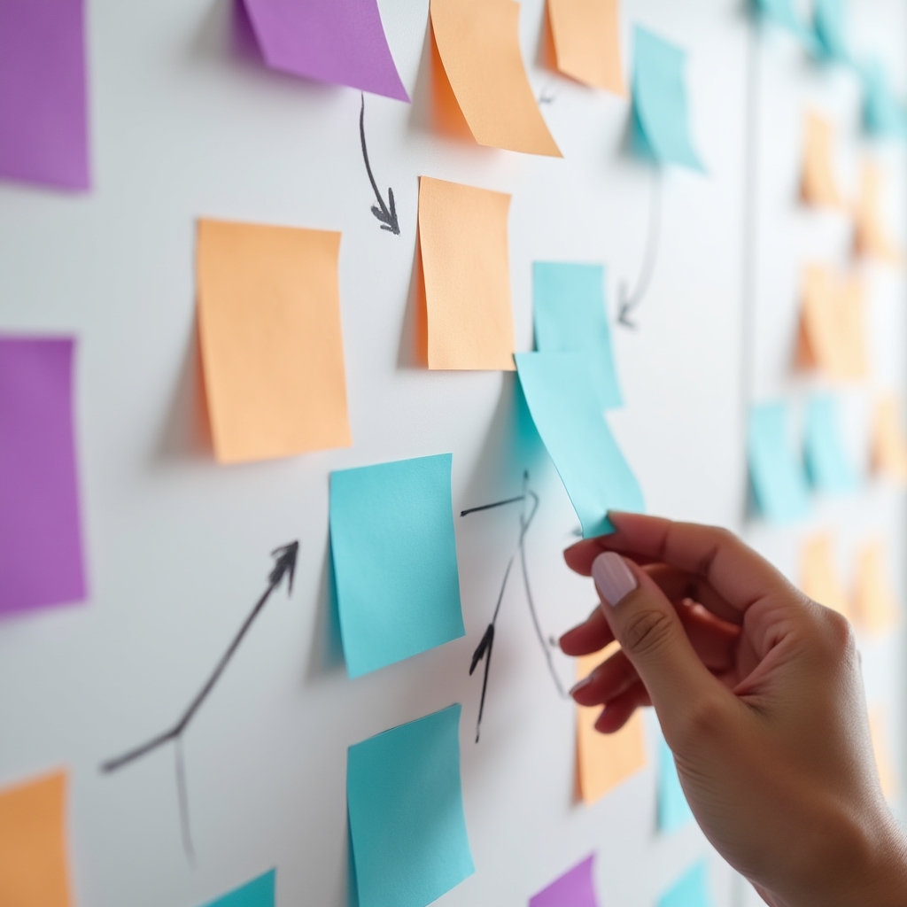 Close up of colour-coded sticky notes arranged on a whiteboard during a process mapping session