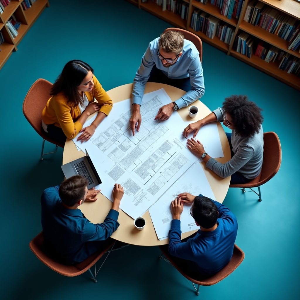A small team gathered around a table reviewing a printed workflow diagram together