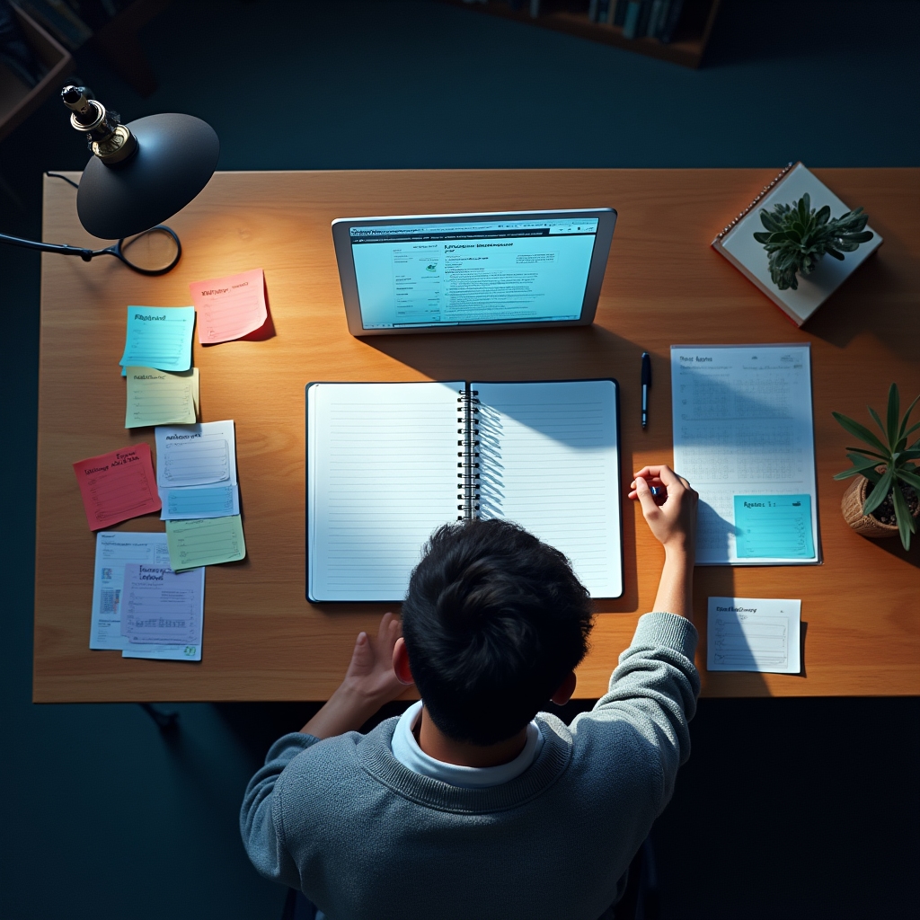 Overhead view of a desk with multiple open notebooks, a tablet, and colour-coded index cards representing different workflow tools